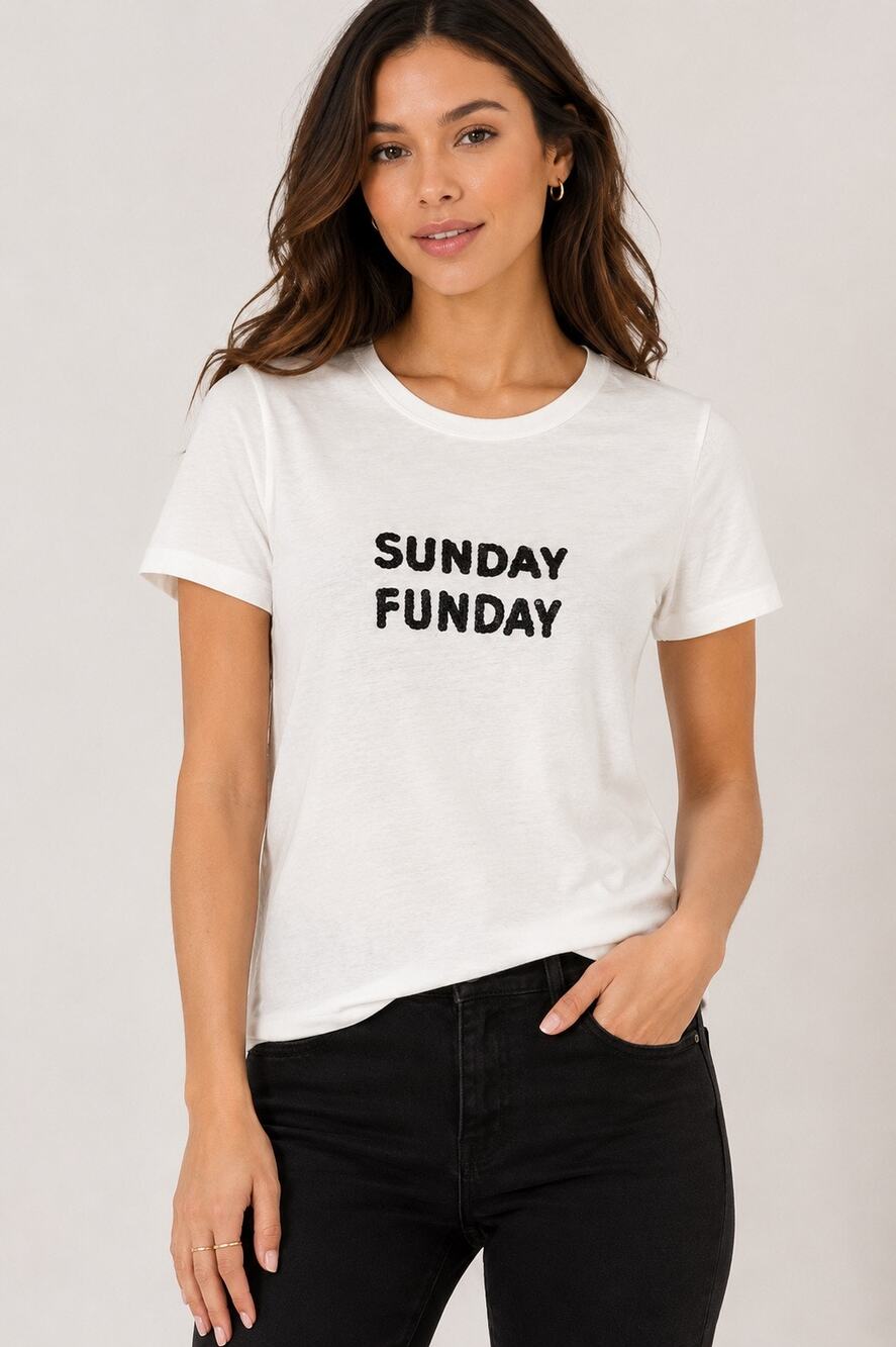 Bow & Drape Sunday Funday Sequin Graphic Tee White Crew Neck T-Shirt NWT M